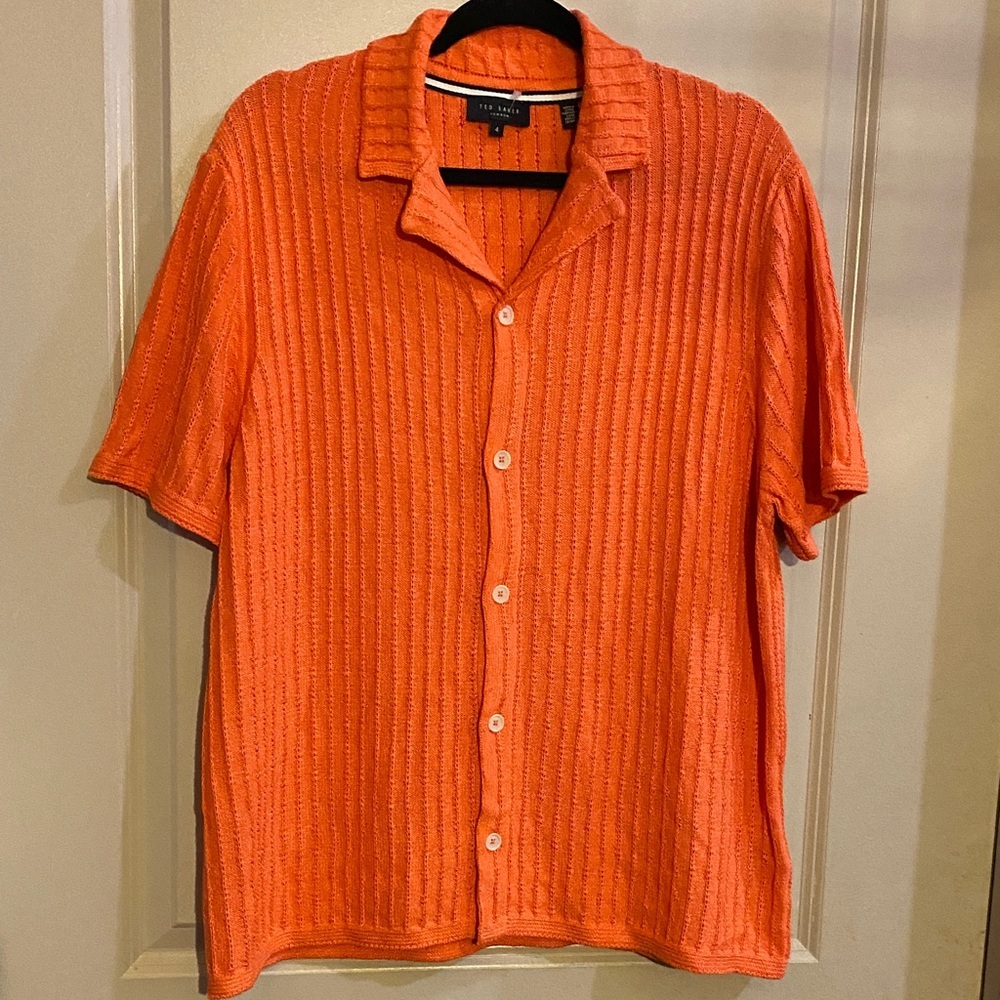 Ted Baker Proof Rib Short Sleeve Button-Up Knit Shirt - Bright Orange